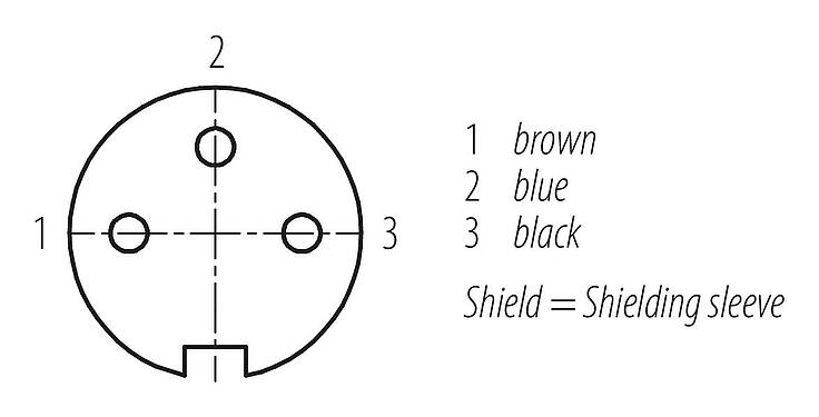 Contact arrangement (Plug-in side) M16 Female angled connector, Contacts: 3, shielded, moulded on the cable, IP67, PUR, black, 3 x 0.34 mm², 2 m