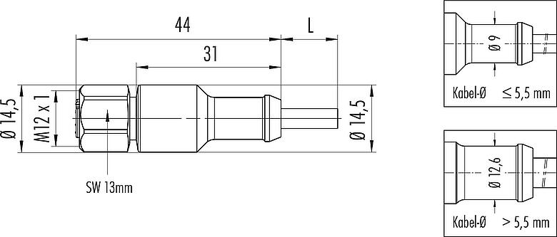 Maßzeichnung M12 Kabeldose, Polzahl: 8, ungeschirmt, am Kabel angespritzt, IP67/IP69K, UL 2238, Ecolab, PVC, grau, 8 x 0,25 mm², Edelstahl, 5 m