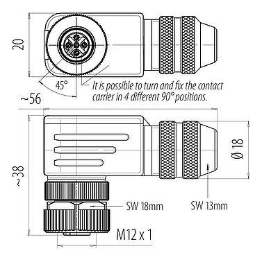 Výkres v měřítku M12 Úhlový box, : 4, 6,0-8,0 mm, stínitelné, šroubovací svorka, IP67, UL 2238, s ochranným kroužkem