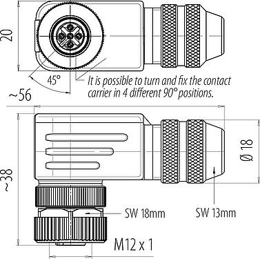 縮尺図 M12 メス アングルコネクタ, 極数: 4, 6.0-8.0mm, シールド可能, ねじ圧着, IP67, UL 2238, シールドリング付き