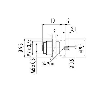 Schaaltekening M5 Female panel mount connector, aantal polen: 3, onafgeschermd, THT, IP67, M5x0,5, Achterwandmontage