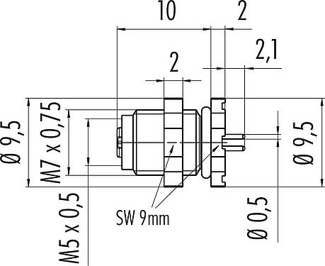 Scale drawing M5 Female panel mount connector, Contacts: 4, unshielded, THT, IP67, M5x0.5, Rear mounting, potted