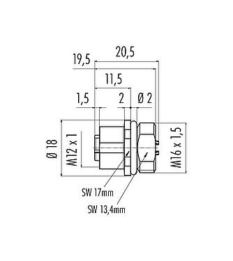 Scale drawing M12 Female panel mount connector, Contacts: 4, solder, IP67, UL 2238, M16x1.5, Front mounting