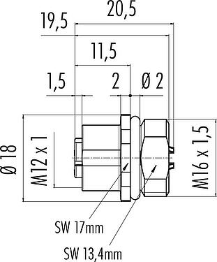 縮尺図 M12 メスパネルマウントコネクタ, 極数: 4, はんだ, IP67, UL 2238, M16x1.5, フロントマウント