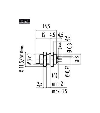 Schaaltekening M8 Male panel mount connector, aantal polen: 12, onafgeschermd, THT, IP67/IP69K, UL 2238, M8x1,0, Achterwandmontage, schroefbaar vanaf de voorkant, gegoten