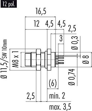 Scale drawing M8 Male panel mount connector, Contacts: 12, unshielded, THT, IP67/IP69K, UL 2238, M8x1.0, Rear mounting, screwable from the front, potted