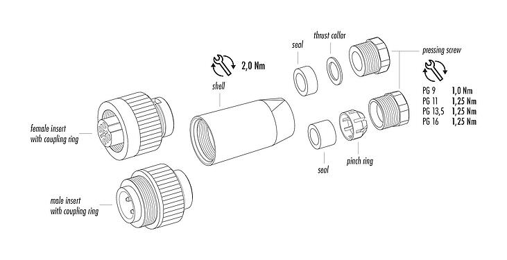 Component part drawing 99 0201 00 07 - RD24 Male cable connector, Contacts: 6+PE, 6.0-8.0 mm, unshielded, crimping (Crimp contacts must be ordered separately), IP67, PG 9