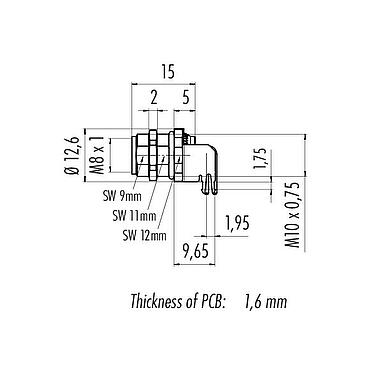 Výkres v měřítku M8 Přírubová zásuvka, : 6, stínitelné, THT, IP67, UL 2238, M10x0,75, Montáž na zadní stěnu