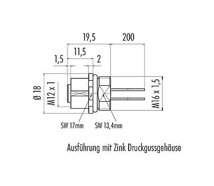 Maßzeichnung M12 Flanschdose, Polzahl: 8, ungeschirmt, Litzen, IP68, UL 2238, M16x1,5, Frontmontage