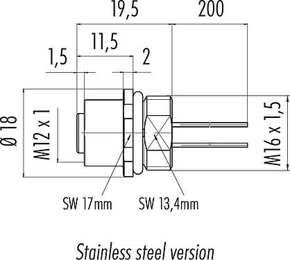 Scale drawing M12 Female panel mount connector, Contacts: 12, unshielded, single wires, IP68, UL 2238, M16x1.5, Front mounting, stainless steel, potted