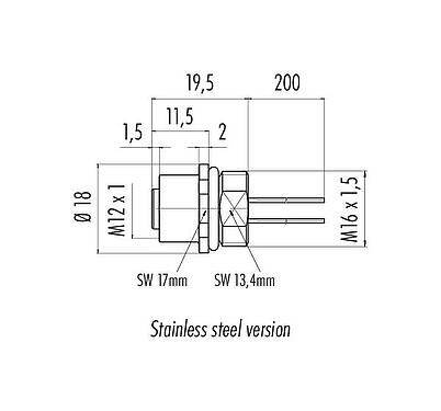 Méretarányos rajz M12 panelre szerelhető foglalat, : 4, árnyékolatlan, sodrott vezeték, IP68, UL 2238, M16x1,5, elülső rögzítés, rozsdamentes acél