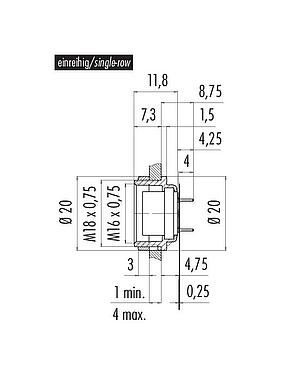 Desenho da escala M16 Soquete de flange, Contatos: 12 (12-a), desprotegido, THT, IP40, M18x0,75, Montagem no painel traseiro