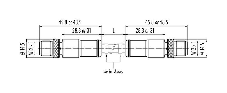 Méretarányos rajz M12 Összekötőkábel 2 kábeldugó, : 4, árnyékolt, kábelre öntött, IP67, UL, Profinet/Ethernet CAT5e, PUR, zöld, 4 x AWG 22, 2 m