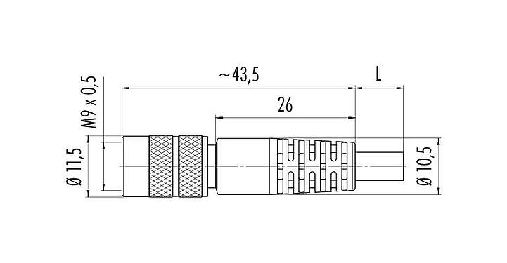 Maßzeichnung M9 Kabeldose, Polzahl: 4, geschirmt, am Kabel angespritzt, IP67, PUR, schwarz, 5 x 0,25 mm², 5 m