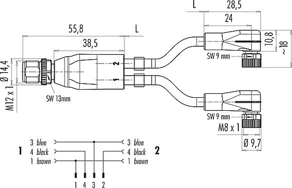 Scale drawing M12/M8 Male cable splitter - 2 female angled connector, Contacts: 4/3, unshielded, moulded on the cable, IP67, UL 2238, PUR, black, 3 x 0.34 mm², with LED PNP, 2 m