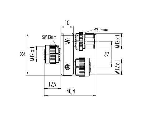Maßzeichnung M12 Zweifachverteiler, Y-Verteiler, Stecker - 2 Dosen, Polzahl: 5, ungeschirmt, steckbar, IP68, UL 2238
