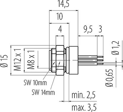 Scale drawing M8 Female panel mount connector, Contacts: 4, unshielded, THT, IP67, M12x1.0, Rear mounting, potted