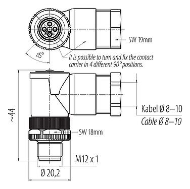 Dessin coté M12 Connecteur mâle coudé, Contacts: 4, 8,0-10,0 mm, non blindé, pince à visser, IP67, UL 2238, VDE