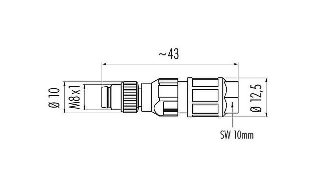 Maßzeichnung M8 Kabelstecker, Polzahl: 3, 2,5-5,0 mm, ungeschirmt, IDC, IP67, UL