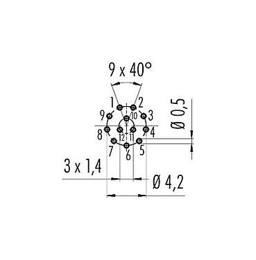 Conductor layout M8 Female panel mount connector, Contacts: 12, unshielded, THT, IP67/IP69K, UL 2238, M10x0.75, Rear mounting, screwable from the front