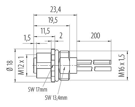 Dessin coté M12 Embase femelle, Contacts: 4, non blindé, fils, IP68, UL 2238, M16x1,5, Montage frontal, coulé