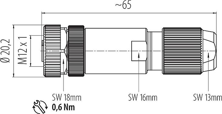 Scale drawing M12 Female cable connector, Contacts: 5, 5.0-8.0 mm, shieldable, wire clamp, IP67, iris spring