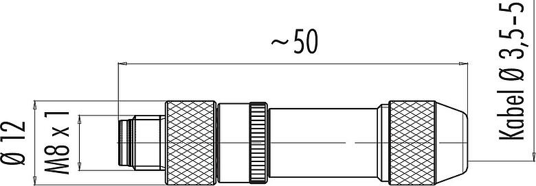 Maßzeichnung M8 Kabelstecker, Polzahl: 4, 3,5-5,0 mm, schirmbar, löten, IP67, UL 2238