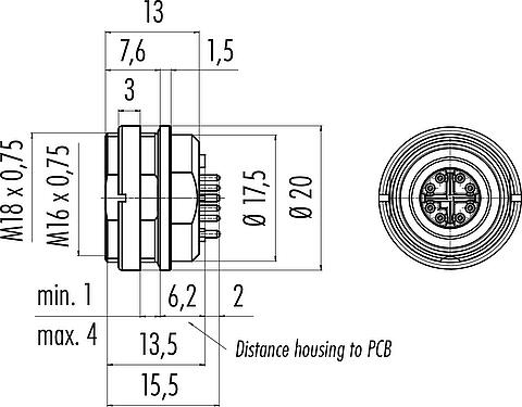 Desenho da escala M16 Soquete de flange, Contatos: 8, blindável, THR, IP67, M18x0,75, Montagem no painel traseiro
