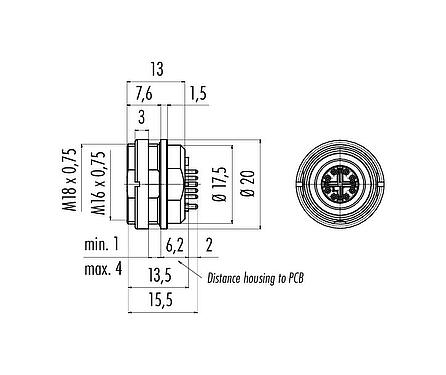 Desenho da escala M16 Soquete de flange, Contatos: 8, blindável, THR, IP67, M18x0,75, Montagem no painel traseiro