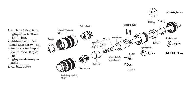 Montageanleitung M16 Kabelstecker, Polzahl: 3 (03-a), 4,1-7,8 mm, schirmbar, löten, IP68, UL 2238, Kurzversion
