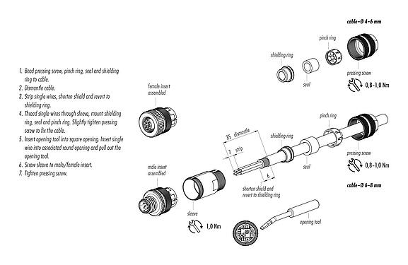 Összeszerelési utasítás M12 Kábelre szerelhető csatlakozó, : 4, 6,0-8,0 mm, árnyékolható, rugós beszorító, IP67, árnyékoló gyűrűvel