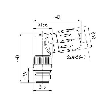 Scale drawing Snap-In Female angled connector, Contacts: 8, 6.0-8.0 mm, unshielded, solder, IP67