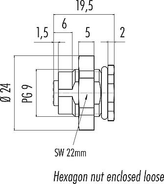 比例图 M12 孔头法兰座, 极数: 5, 非屏蔽, 焊接, IP67, UL 2238, PG 9, 後壁安裝
