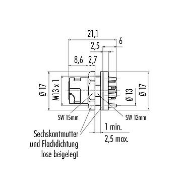 Maßzeichnung Bajonett Flanschdose, Polzahl: 5, ungeschirmt, löten, IP54 ungesteckt, M13x1,0, Rückwandmontage