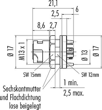 Maßzeichnung Bajonett Flanschdose, Polzahl: 5, ungeschirmt, löten, IP54 ungesteckt, M13x1,0, Rückwandmontage
