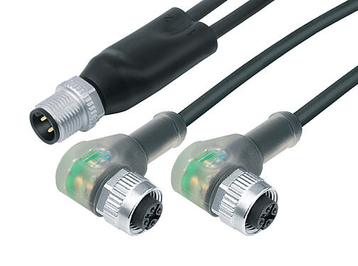 Illustration 77 9829 3634 50003-0200 - M12 Male duo connector - 2 female angled connector M12x1, Contacts: 4/3, unshielded, moulded on the cable, IP68, PUR, black, 3 x 0.34 mm², with LED PNP, 2 m