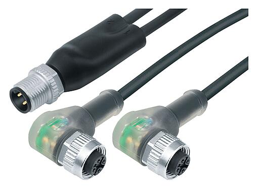 Abbildung M12 Kabelsplitter Kabelstecker - 2 Winkeldosen, Polzahl: 4/3, ungeschirmt, am Kabel angespritzt, IP68, UL 2238, PUR, schwarz, 3 x 0,34 mm², mit LED PNP, 1 m