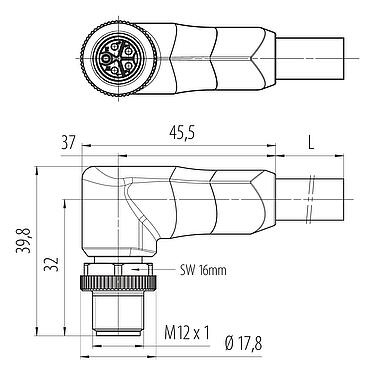 Dessin coté M12 Connecteur mâle coudé, Contacts: 4+PE, non blindé, surmoulé sur le câble, IP68, UL 2238, PUR, noir, 5 x 1,50 mm², 2 m
