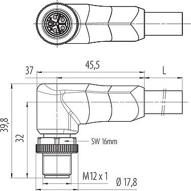 Dessin coté M12 Connecteur mâle coudé, Contacts: 4+PE, non blindé, surmoulé sur le câble, IP68, UL 2238, PUR, noir, 5 x 1,50 mm², 2 m