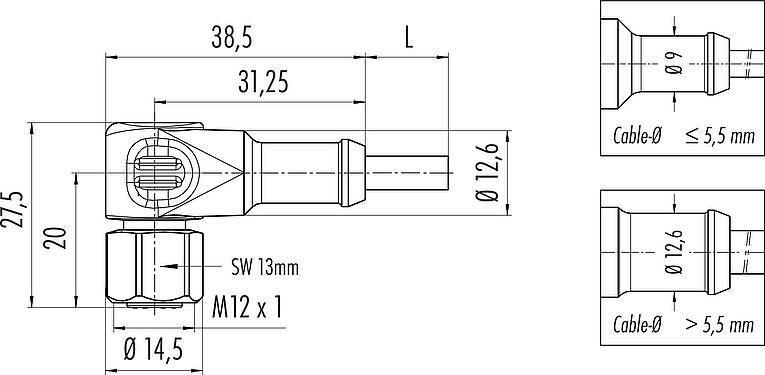 比例圖 M12 彎角孔頭電纜連接器, : 8, 非遮罩, 預鑄電纜, IP67/IP69K, Ecolab, 符合FDA, 特殊TPE, 灰色, 8x0.25mm², 不鏽鋼, 5m