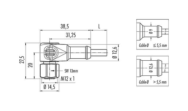 比例圖 M12 彎角孔頭電纜連接器, : 5, 非遮罩, 預鑄電纜, IP67/IP69K, UL 2238, Ecolab, PVC, 灰色, 5x0.34mm², 不鏽鋼, 2m