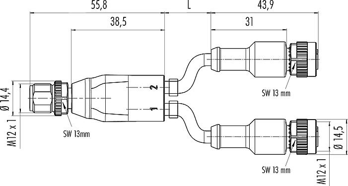 Scale drawing M12 Male cable splitter - 2 female cable connectors, Contacts: 4/3, unshielded, moulded on the cable, IP68, UL 2238, PUR, black, 3 x 0.34 mm², 2 m