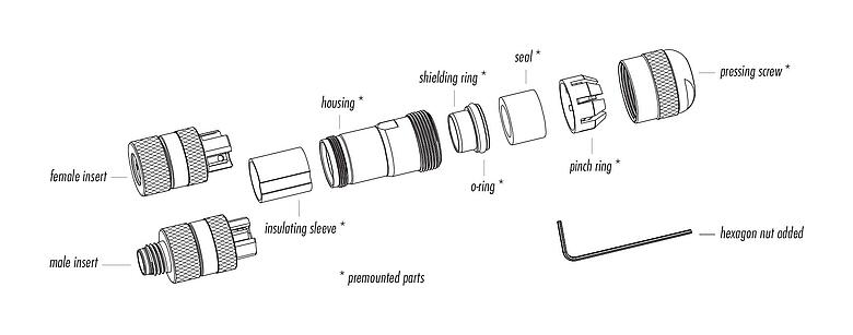 Component part drawing 99 3363 300 04 - M8 Male cable connector, Contacts: 4, 6.0-8.0 mm, shieldable, screw clamp, IP67, UL