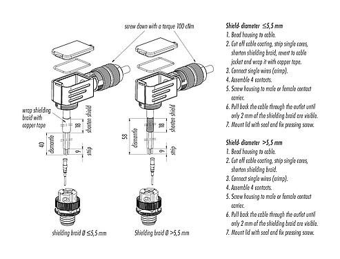 조립 지침 99 3721 820 04 - M12 각진 플러그, 콘택트 렌즈: 4, 5.0-8.0mm, 차폐 가능, 크림프(크림프 접점은 별도로 주문해야 함), IP67