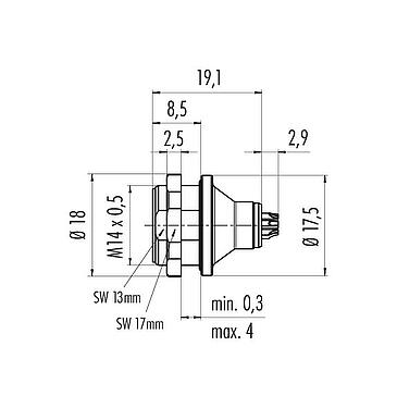 Maßzeichnung Push Pull Flanschstecker, Polzahl: 3, ungeschirmt, löten, IP67, M14x0,5, Rückwandmontage