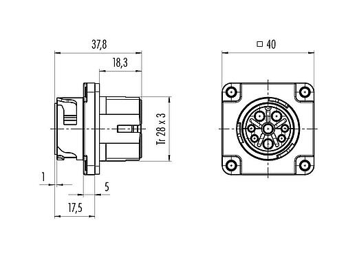 Maßzeichnung Bajonett Flanschstecker, Polzahl: 4+PE, ungeschirmt, crimpen (Crimpkontakte müssen separat bestellt werden), IP68/IP69K, UL 2238, VDE, Frontmontage, UV-Beständig