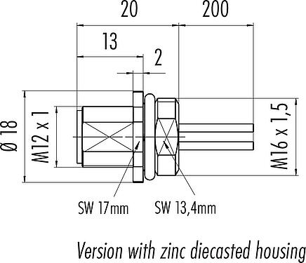 Scale drawing M12 Male panel mount connector, Contacts: 5, unshielded, single wires, IP68, UL 2238, M16x1.5, Front mounting