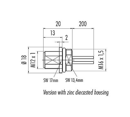 Scale drawing 76 0231 0011 00405-0200 - M12 Male panel mount connector, Contacts: 5, unshielded, single wires, IP68, UL, M16x1.5