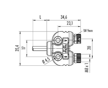 Dessin coté M8 Répartiteur double, Y-distributeur, Contacts: 3, non blindé, surmoulé sur le câble, IP68, UL 2238, PUR, noir, 4 x 0,25 mm², avec LED, PNP, 2 m