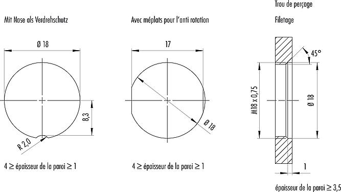 Instructions de montage / Découpe du panneau M16 Embase femelle, Contacts: 8, blindable, THR, IP67, M18x0,75, Montage mural arrière